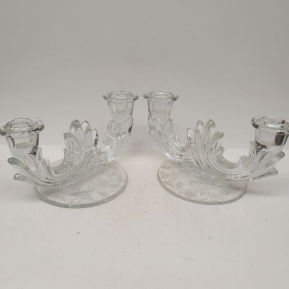 Fostoria Elegant Glass Crystal CHINTZ Double Branch Candle Holders, Pair